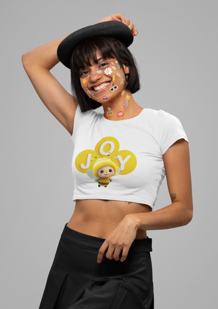bella canvas crop top mockup featuring a happy woman with face stickers m32357