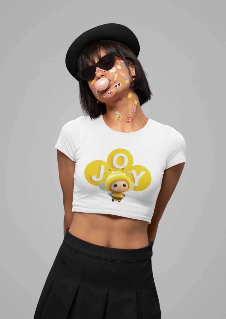 bella canvas crop top mockup of a woman with face stickers blowing a gum bubble m32358