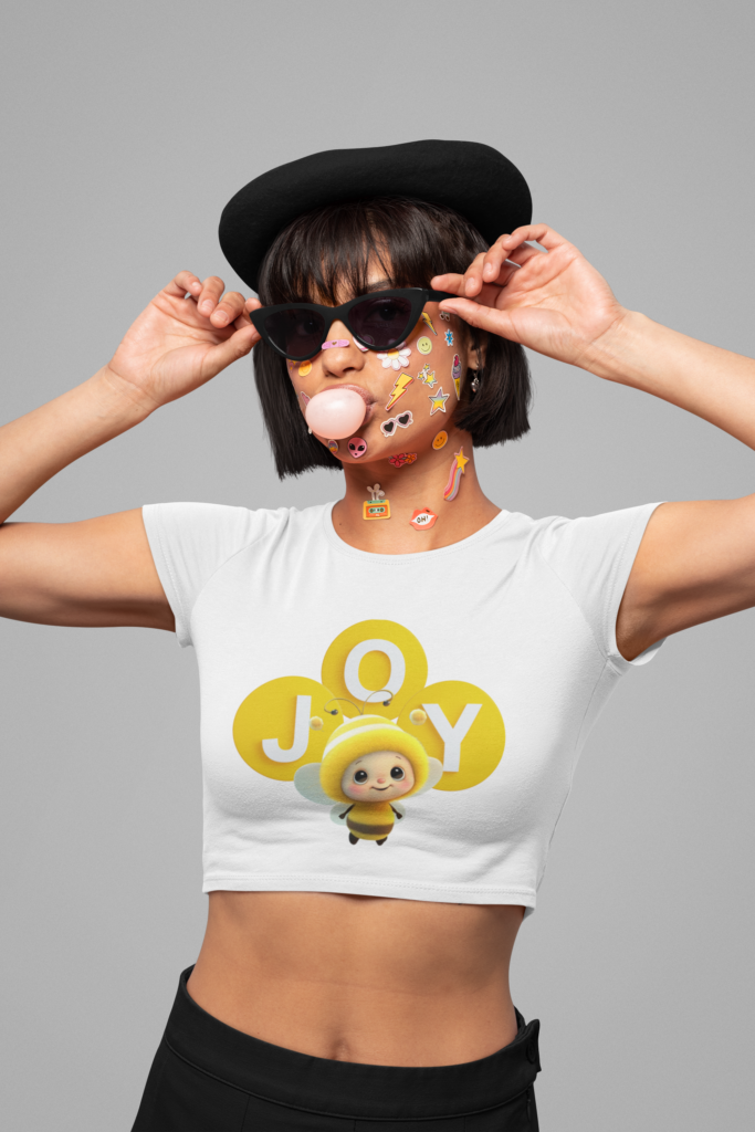 bella canvas crop top mockup of a woman with sunglasses and face stickers m32359