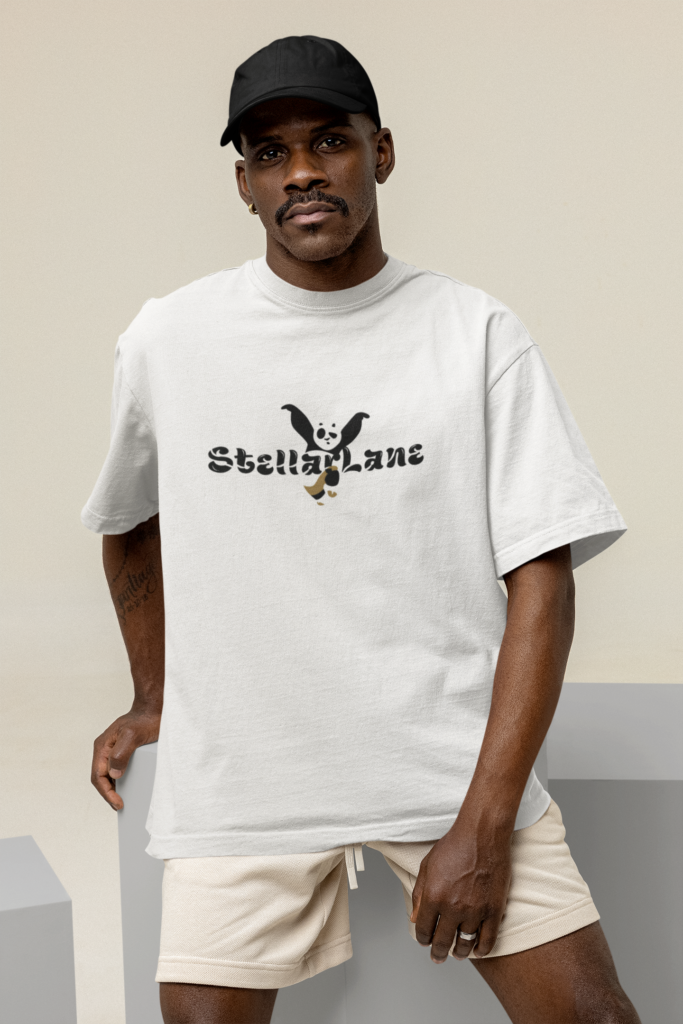 mockup of a serious man wearing an oversized tee and a dad hat at a studio m26647