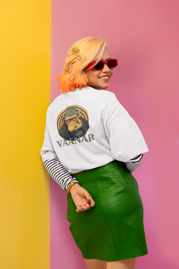 back view oversized tee mockup featuring a smiling woman in a new pop wave inspired setting m38758