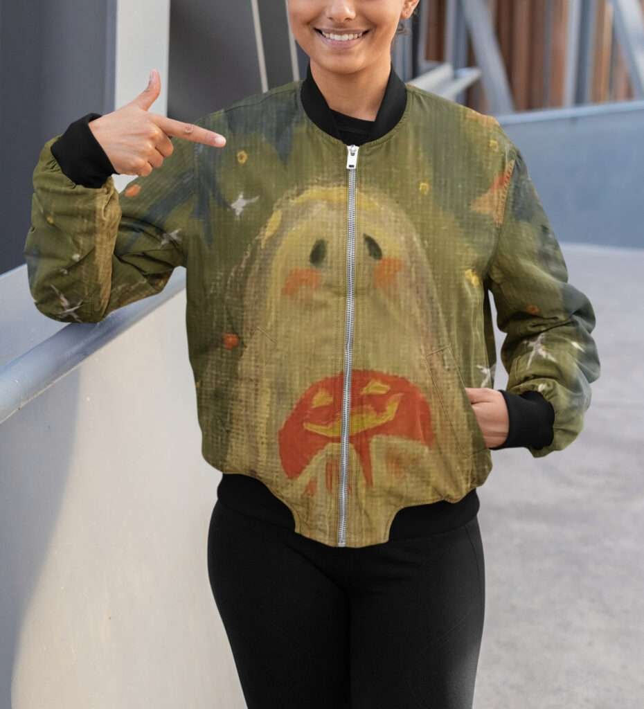 mockup of a woman pointing at her bomber jacket 33227 1