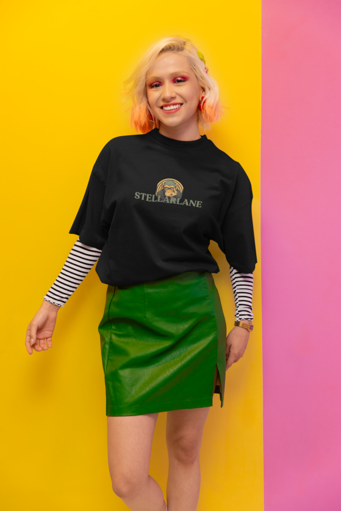 oversized tee mockup of a joyful woman posing in a new pop inspired aesthetic set m38756 1