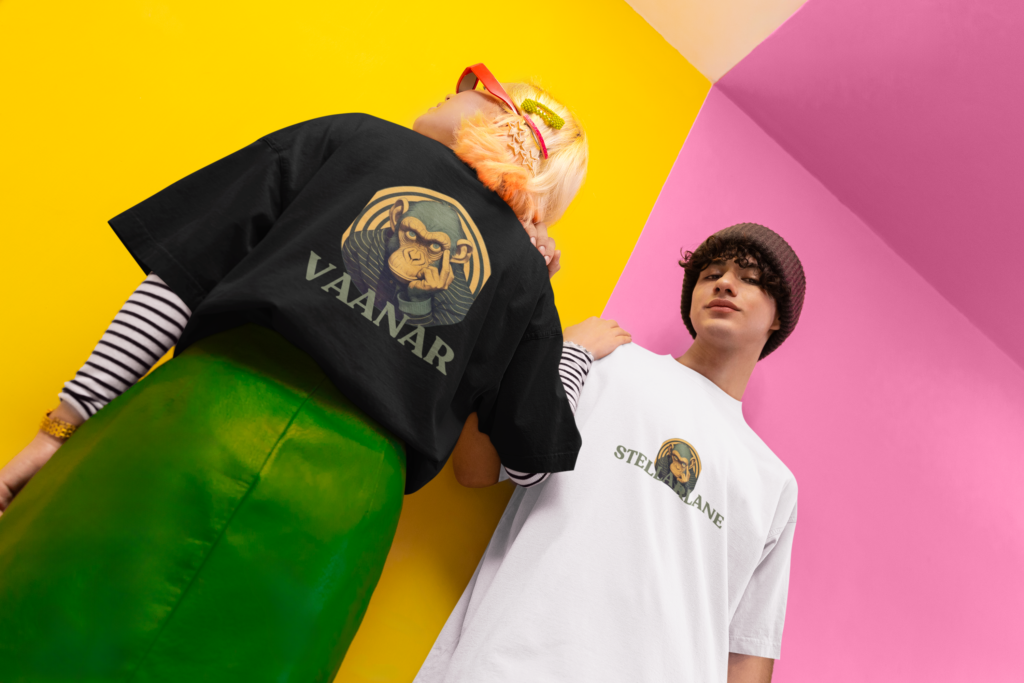 oversized tee mockup of a man and a woman in a new pop wave themed setting m38762 1