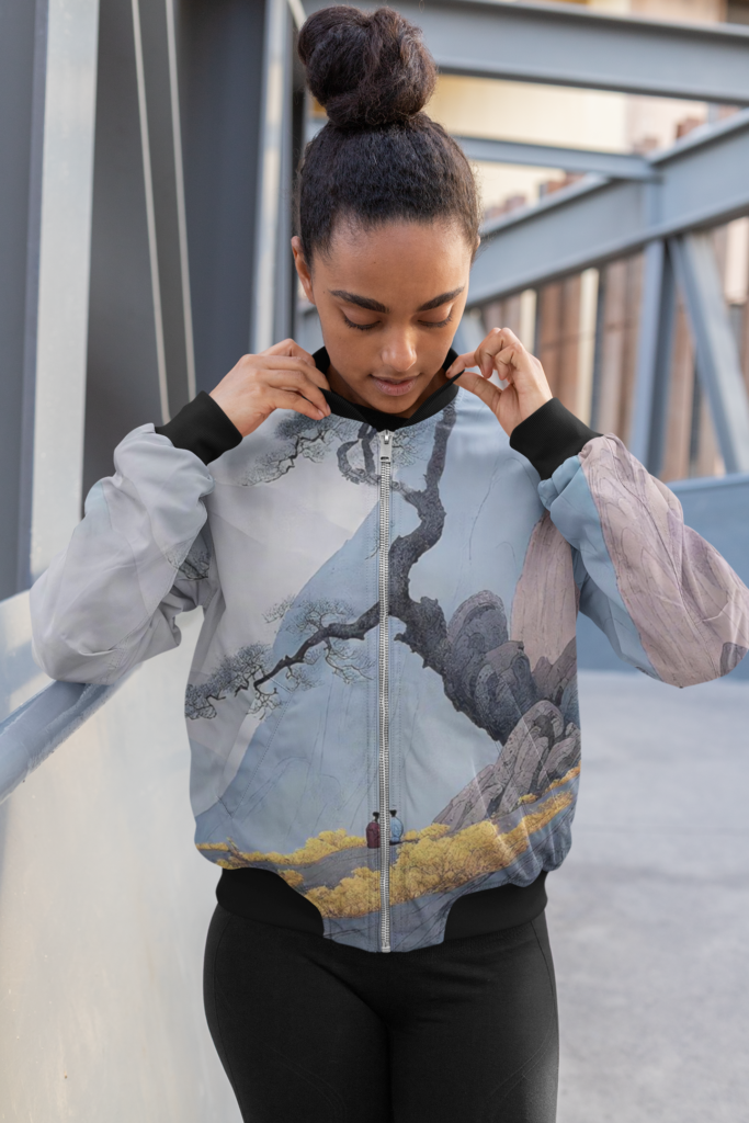 sublimated bomber jacket mockup of a woman with a hair bun 33228