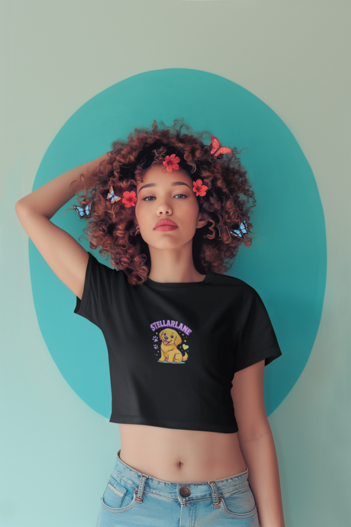 ai generated crop top mockup of a woman with curly hair and butterflies on her head m40578 1 3