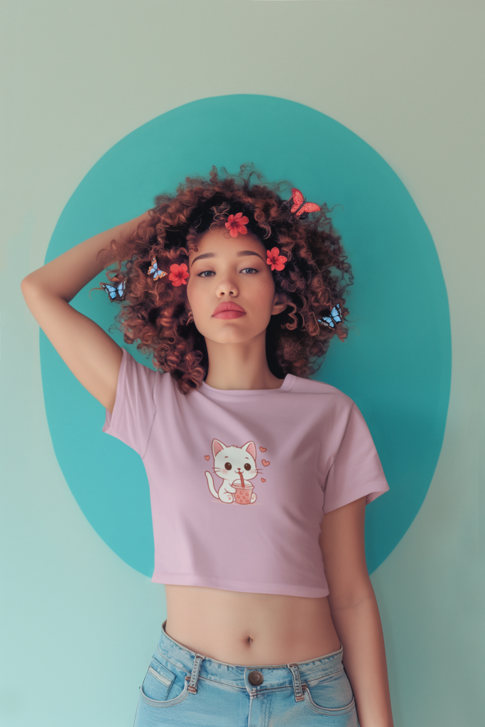 ai generated crop top mockup of a woman with curly hair and butterflies on her head m40578 11 1