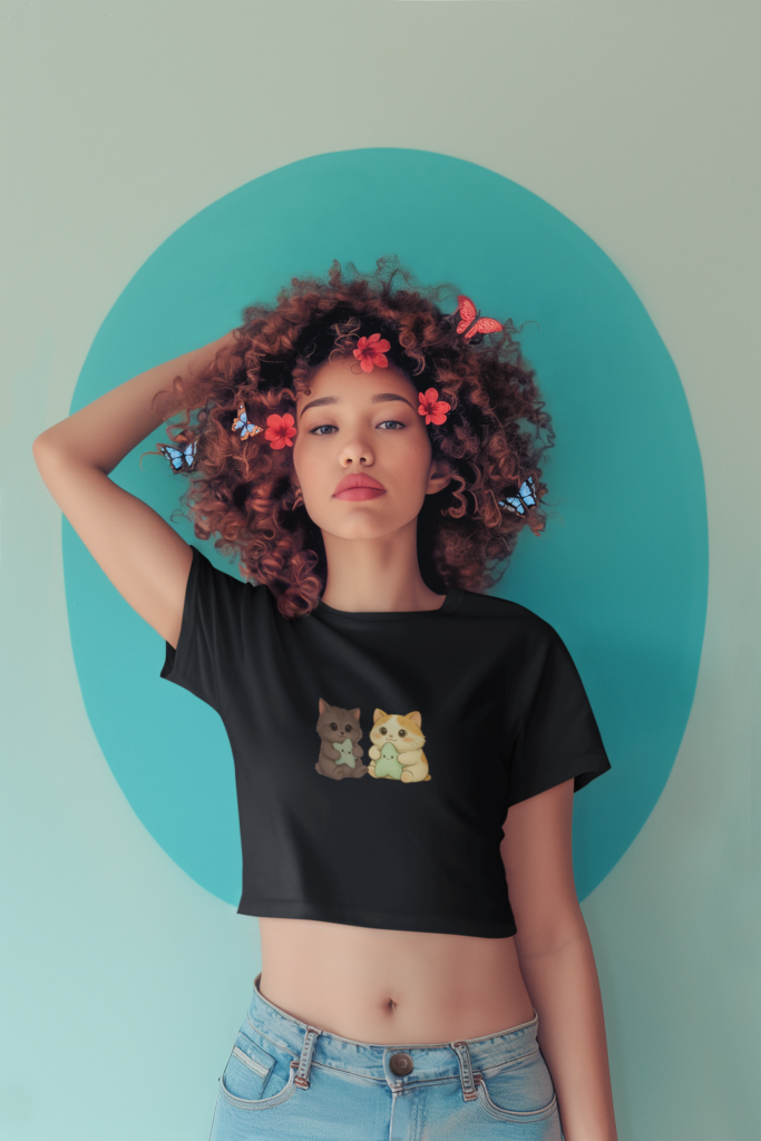 ai generated crop top mockup of a woman with curly hair and butterflies on her head m40578 13 1
