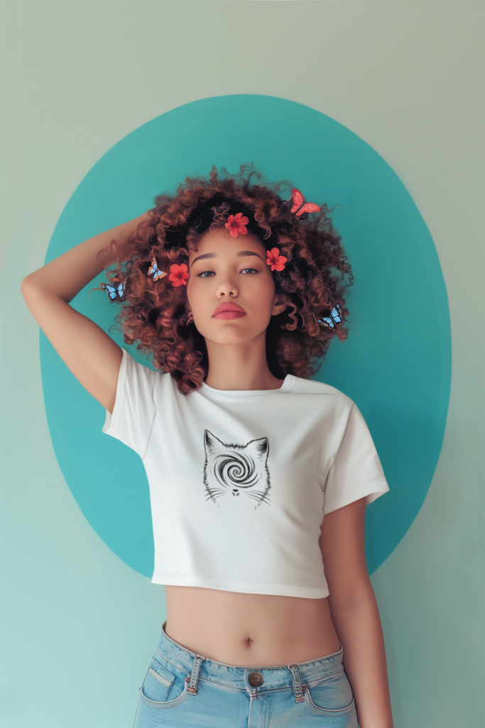 ai generated crop top mockup of a woman with curly hair and butterflies on her head m40578 16