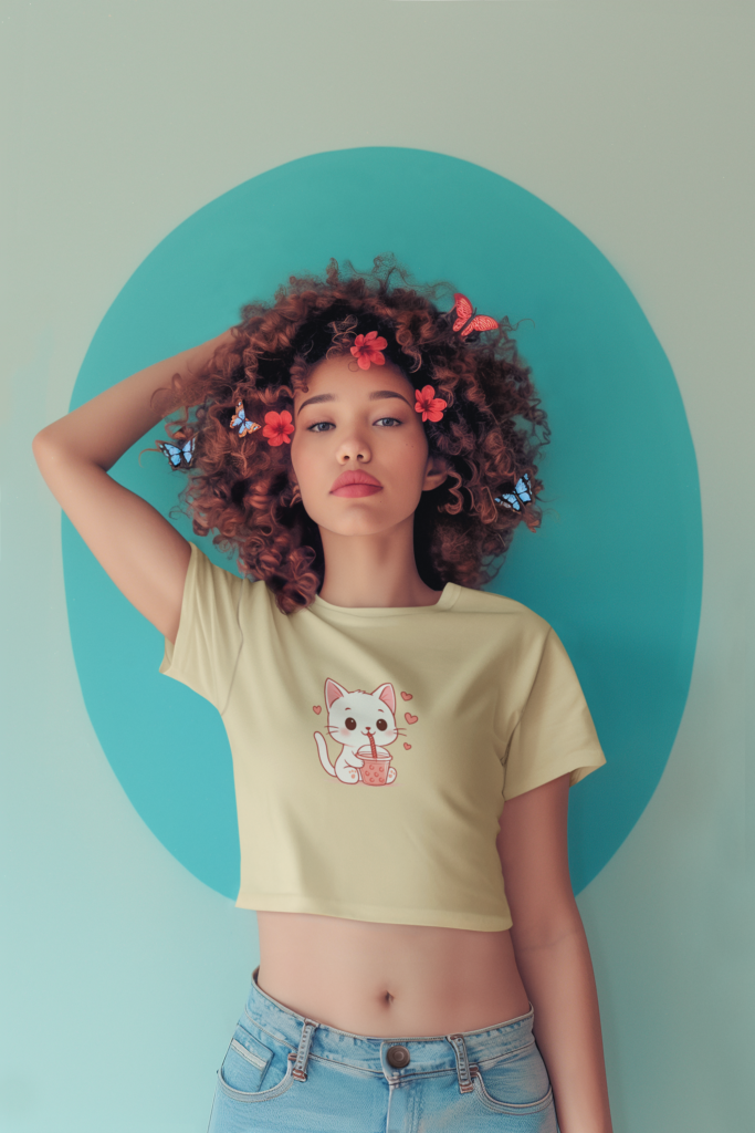 ai generated crop top mockup of a woman with curly hair and butterflies on her head m40578 17