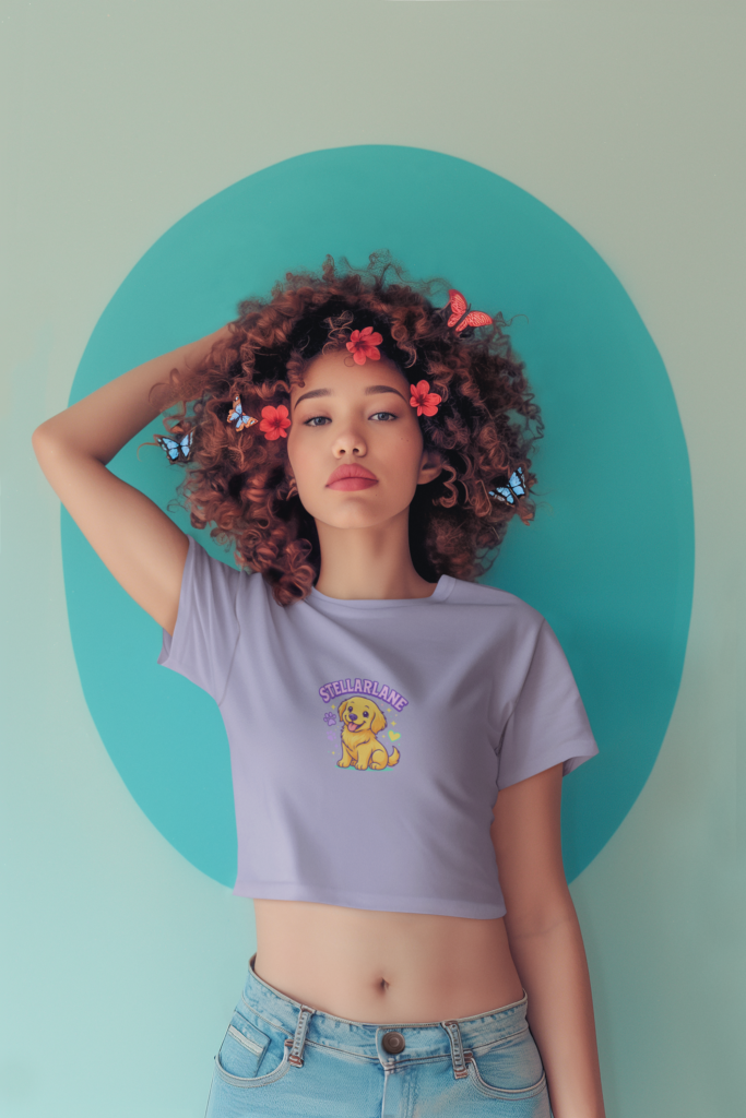 ai generated crop top mockup of a woman with curly hair and butterflies on her head m40578 2 3