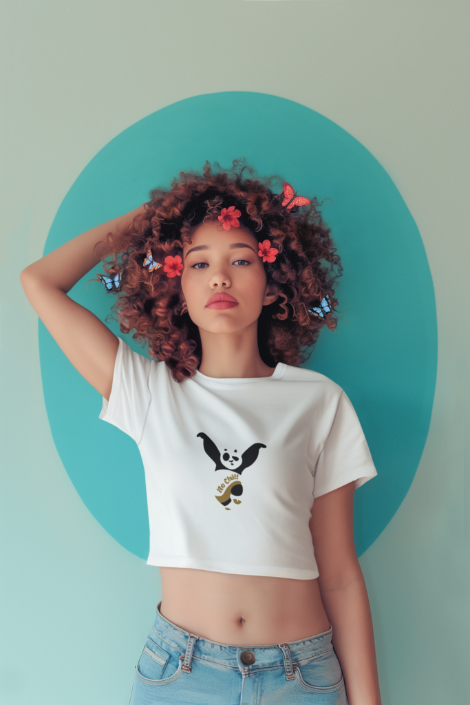 ai generated crop top mockup of a woman with curly hair and butterflies on her head m40578 3 3