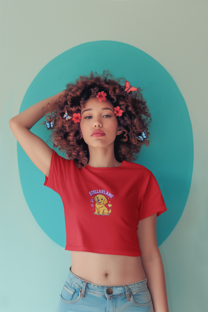 ai generated crop top mockup of a woman with curly hair and butterflies on her head m40578 3 4