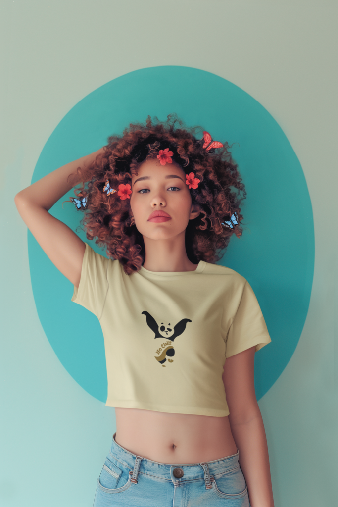 ai generated crop top mockup of a woman with curly hair and butterflies on her head m40578 4 3