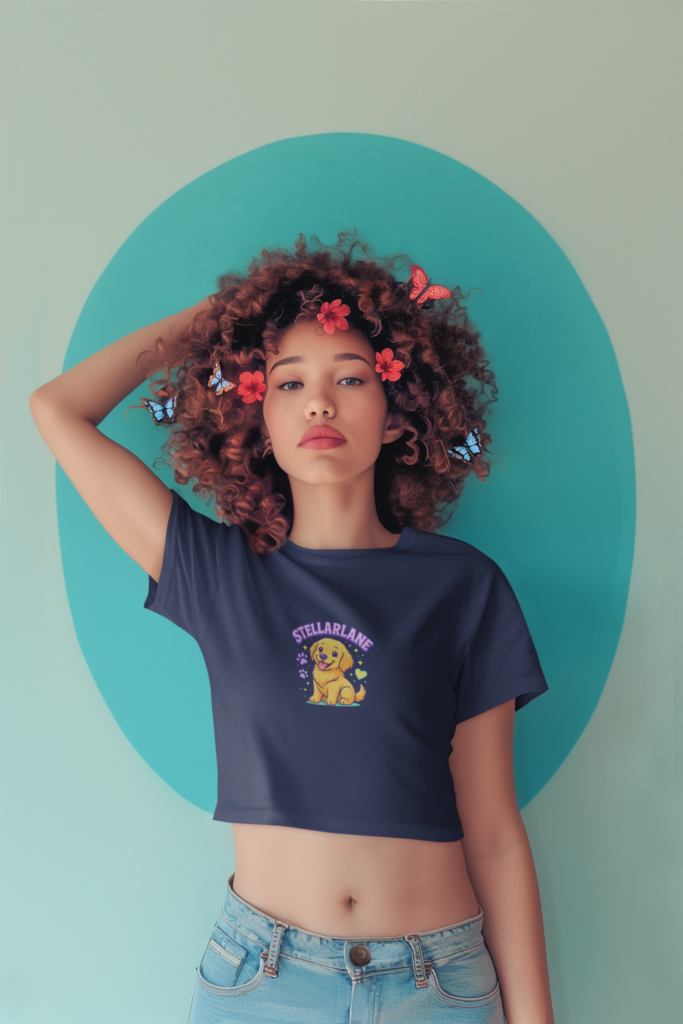 ai generated crop top mockup of a woman with curly hair and butterflies on her head m40578 4 4