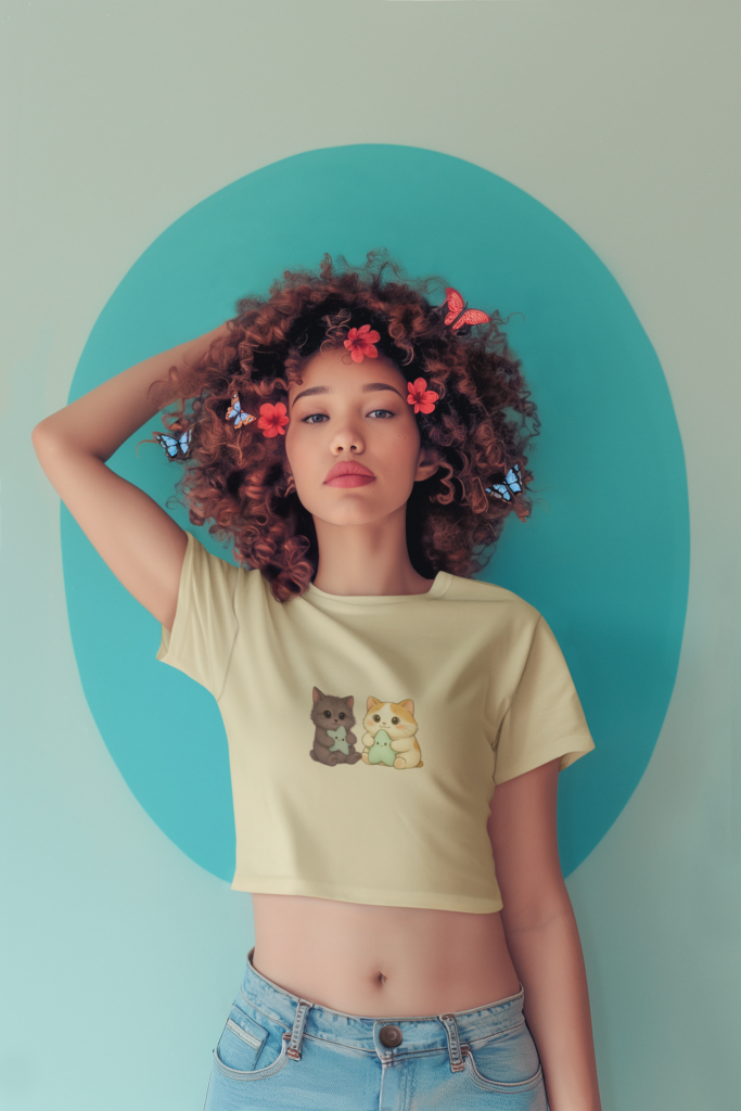 ai generated crop top mockup of a woman with curly hair and butterflies on her head m40578 6 2