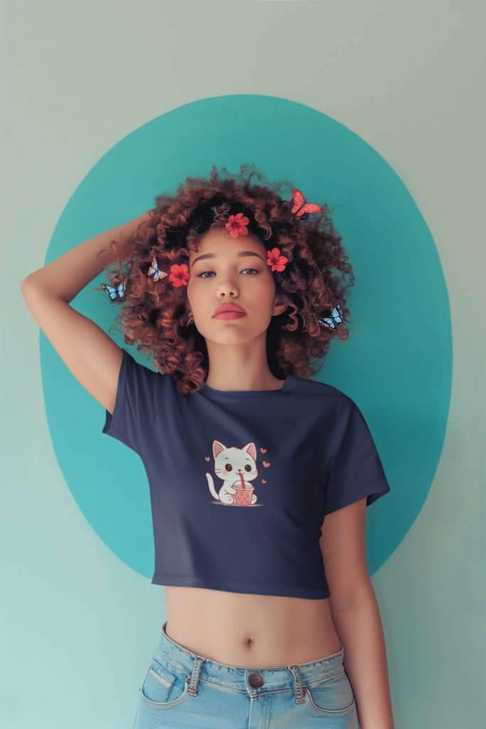 ai generated crop top mockup of a woman with curly hair and butterflies on her head m40578 6 3