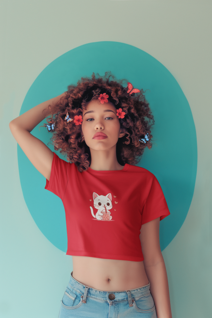 ai generated crop top mockup of a woman with curly hair and butterflies on her head m40578 9 3